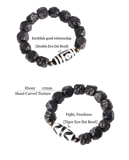 Bracelet Tibétain Ébène et Perle Dzi – Amulette de Protection en Cuivre Martelé