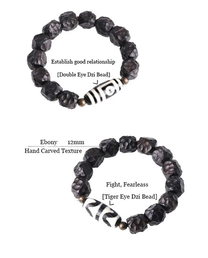 Bracelet Tibétain Ébène et Perle Dzi – Amulette de Protection en Cuivre Martelé