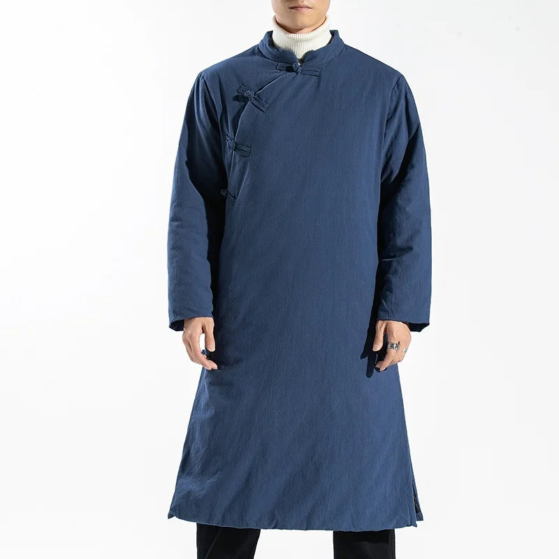 Manteau Long Style Chinois Bleu Homme - Hanfu Jacket Hiver Asymétrique