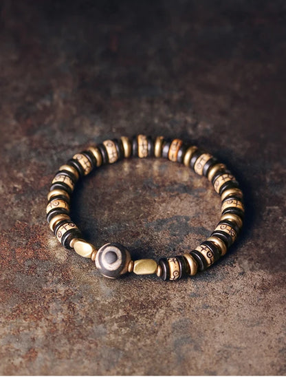 Bracelet Tibétain Os de Bœuf Sculpté et Ébène – Perle Œil Protecteur, Unisexe