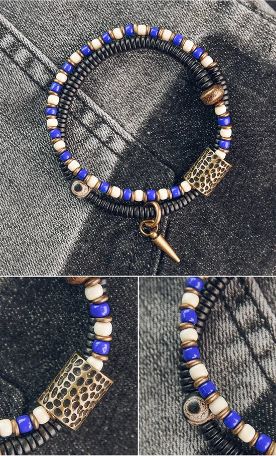 Bracelet Zen Double Rang Ébène et Pierres Colorées – Vajra en Laiton Martelé