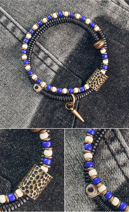Bracelet Zen Double Rang Ébène et Pierres Colorées – Vajra en Laiton Martelé