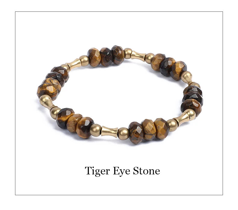 Bracelet Oeil de Tigre à Facettes ou Hornblende Noire – Breloque Bambou en Cuivre