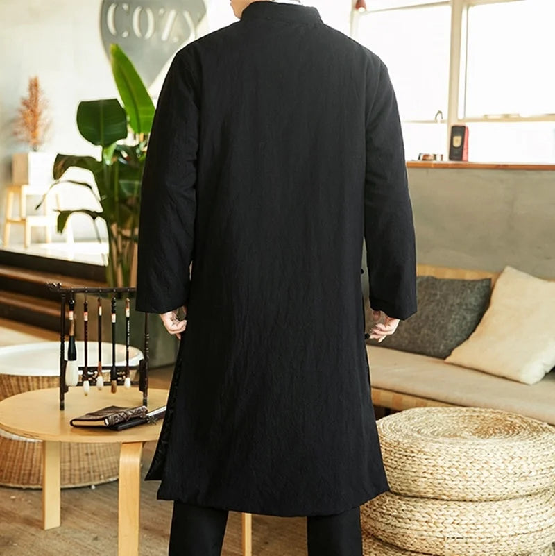 Manteau Long Style Chinois Bleu Homme - Hanfu Jacket Hiver Asymétrique