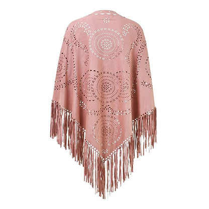 Poncho en Velours avec Franges - Élégance Bohème Chic