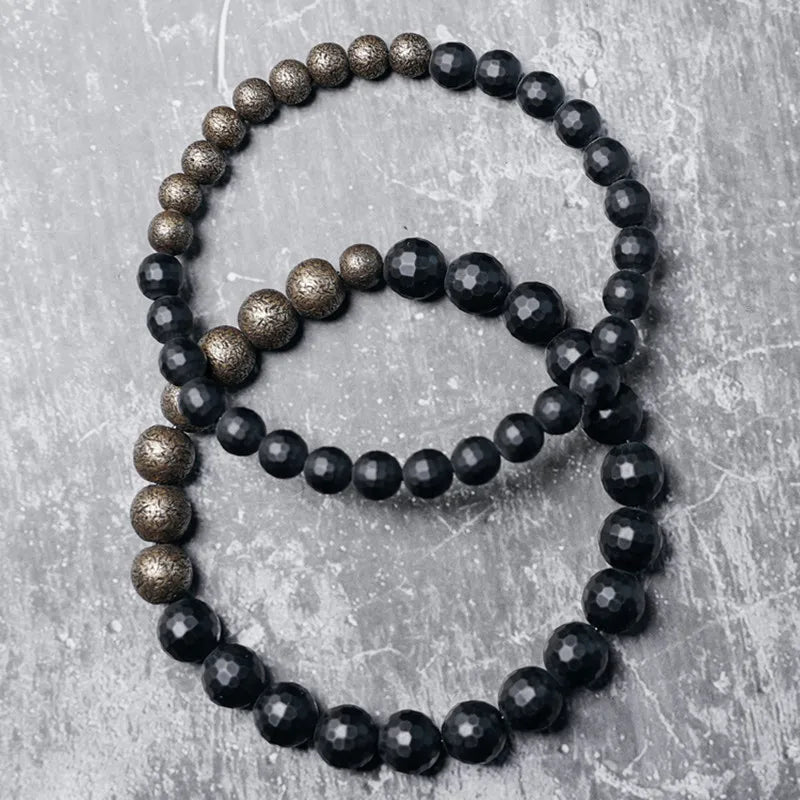 Bracelet Agate Noire Mate à Facettes et Laiton Vieilli – Homme et Femme