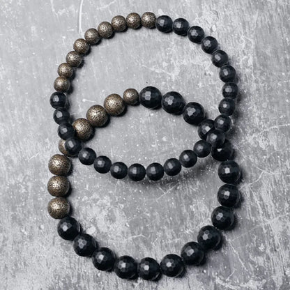 Bracelet Agate Noire Mate à Facettes et Laiton Vieilli – Homme et Femme