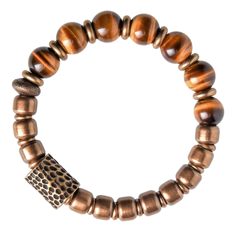 Bracelet Oeil de Tigre Doré et Breloque en Laiton Martelé – Bicolore, Homme et Femme