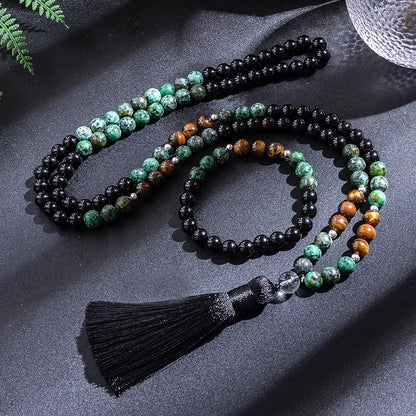 Mala "Clarté mentale" 108 perles en Turquoise Africaine, Oeil de Tigre, Agate Noire