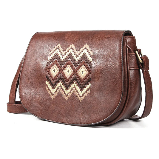 Faux Leather Geometric Pattern Crossbody Bag - Rustic Elegance