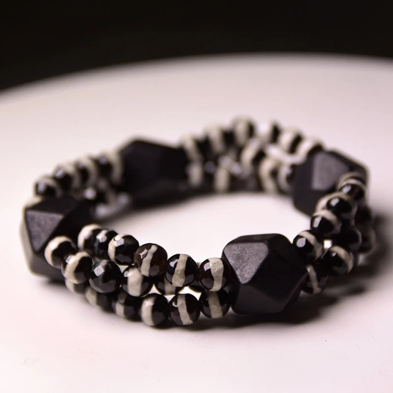 Bracelet Multirang Onyx Noir et Bois d'Ébène – Style Géométrique, Homme et Femme