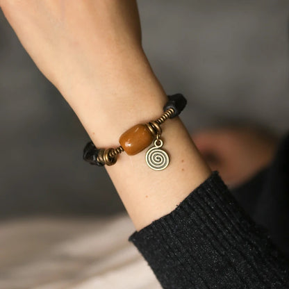 Bracelet Ébène Sculptée à la Main et Cuivre Vintage – Texturé, Anti-Mauvais Œil