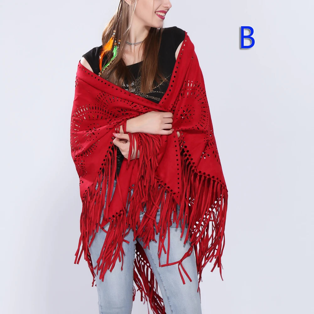 Poncho en Velours avec Franges - Élégance Bohème Chic