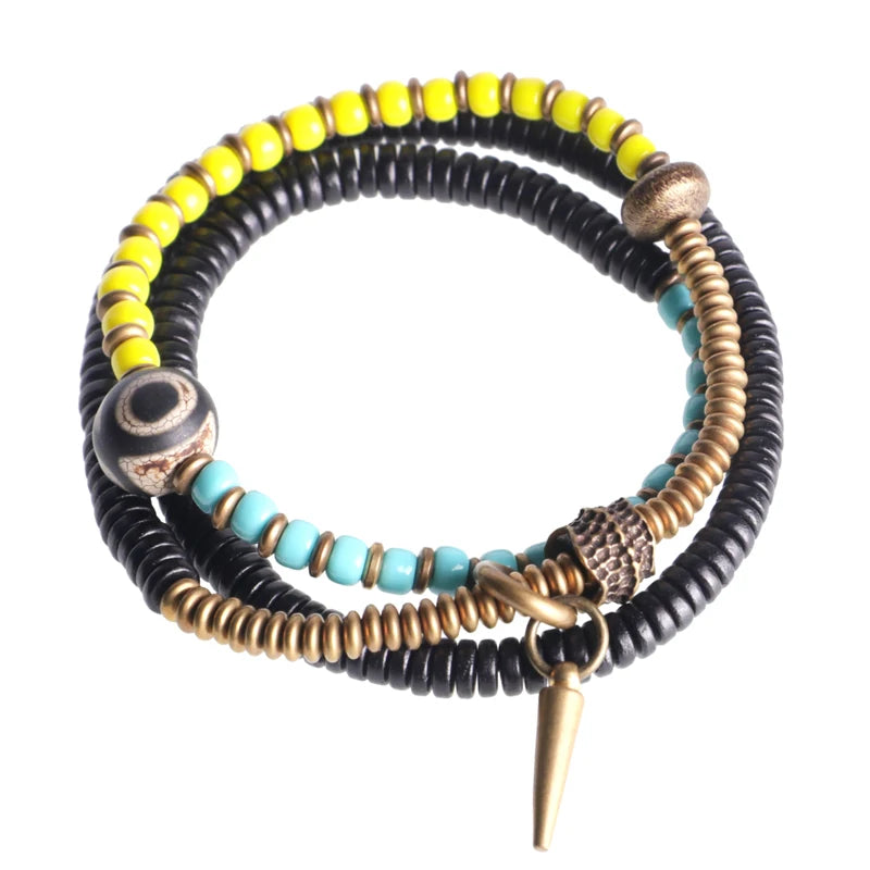 Bracelet Chakras Ébène et Verre Coloré – Vajra en Cuivre Martelé, Style Bohème