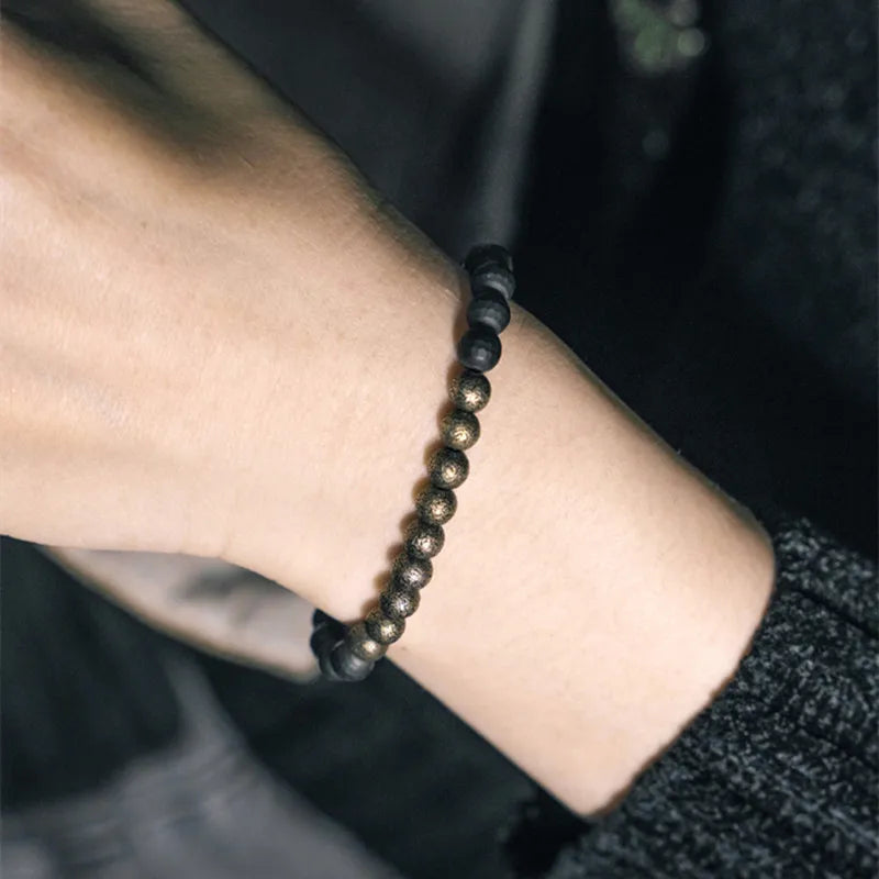 Bracelet Agate Noire Mate à Facettes et Laiton Vieilli – Homme et Femme