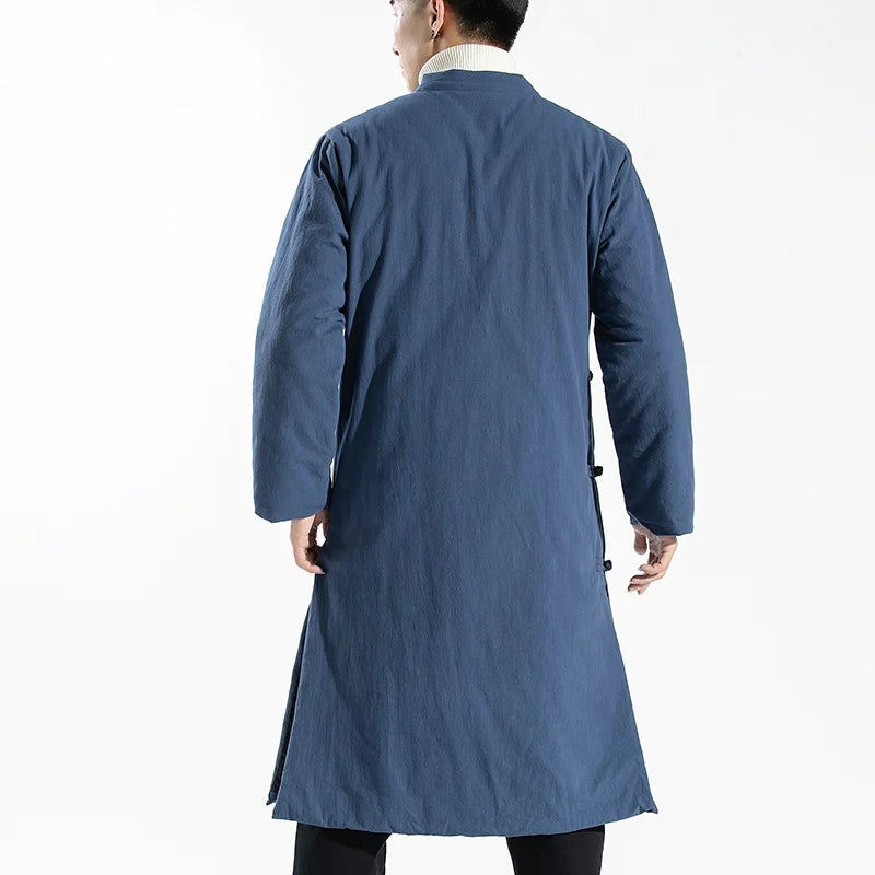 Manteau Long Style Chinois Bleu Homme - Hanfu Jacket Hiver Asymétrique