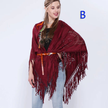 Poncho en Velours avec Franges - Élégance Bohème Chic