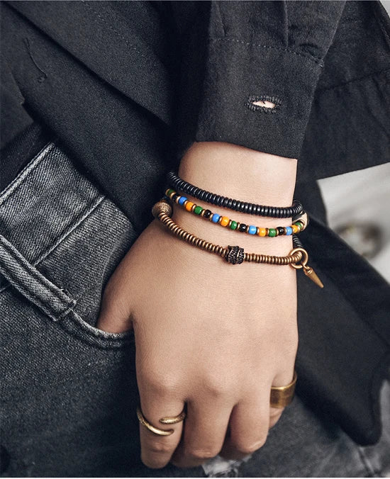 Bracelet Tibétain Perle Dzi, Ébène et Verre Coloré – Vajra en Cuivre Martelé