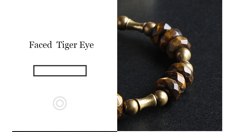 Bracelet Oeil de Tigre à Facettes ou Hornblende Noire – Breloque Bambou en Cuivre