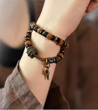 Bracelet Multirang Rudraksha, Ébène et Laiton – Porte-Bonheur Unisexe