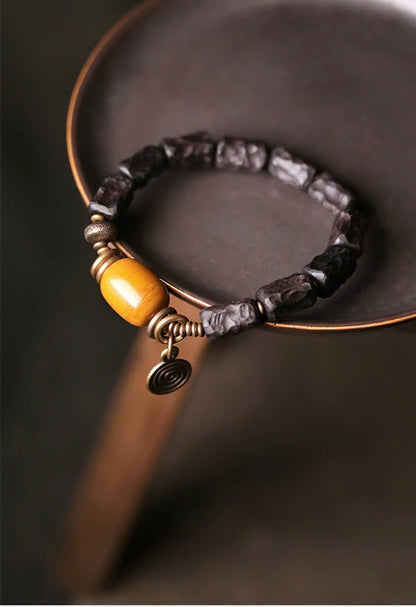 Bracelet Ébène Sculptée à la Main et Cuivre Vintage – Texturé, Anti-Mauvais Œil