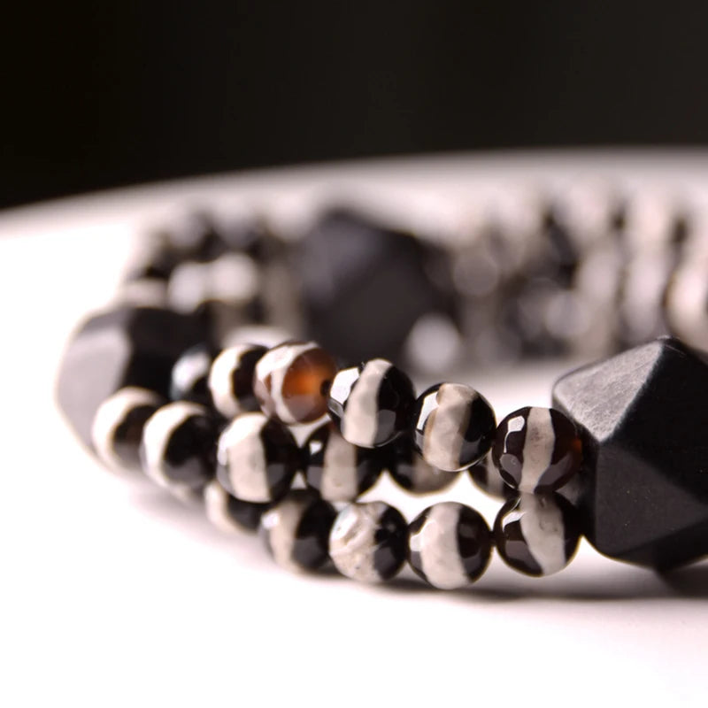 Bracelet Multirang Onyx Noir et Bois d'Ébène – Style Géométrique, Homme et Femme
