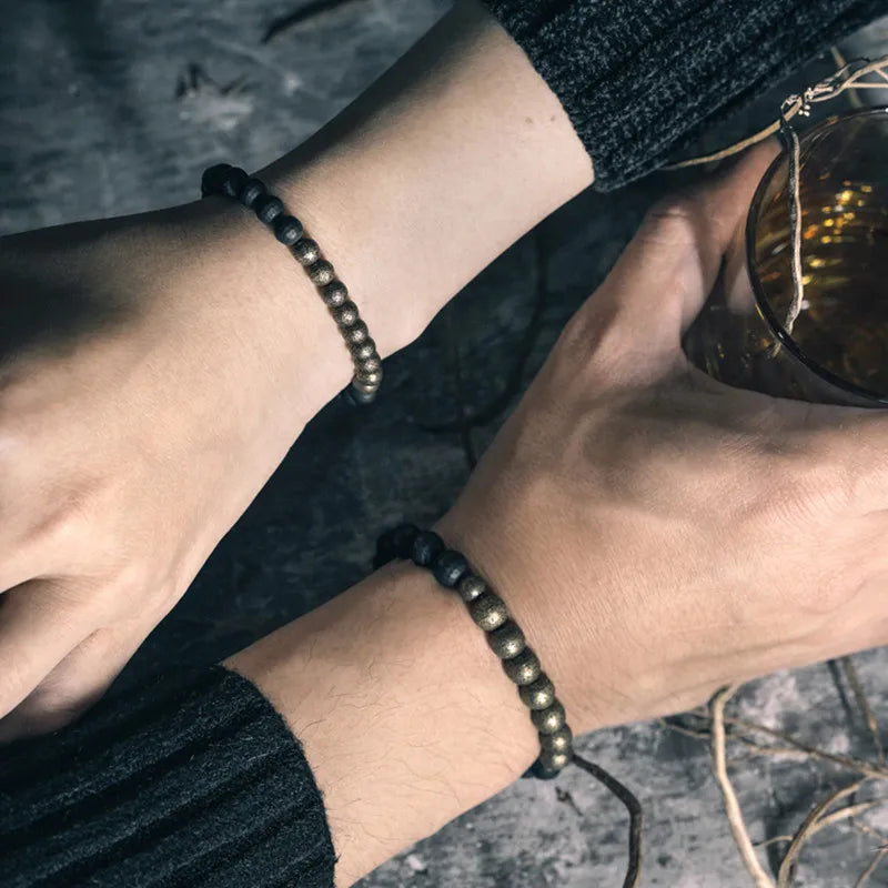 Bracelet Agate Noire Mate à Facettes et Laiton Vieilli – Homme et Femme