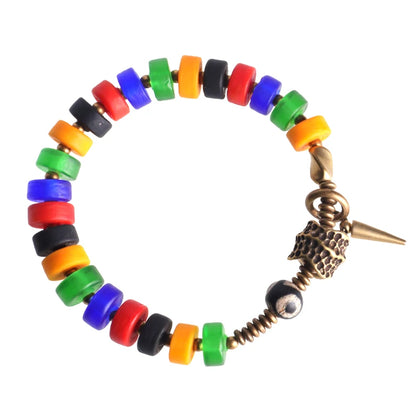 Bracelet Verre Coloré et Perle Tibétaine – Breloque en Cuivre Travaillé Main, Unisexe