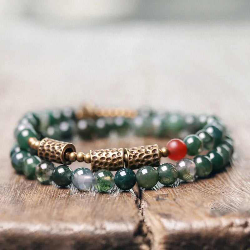 Bracelet Double Rang Jade Mousse et Laiton Martelé – Bohème Énergétique pour Femme