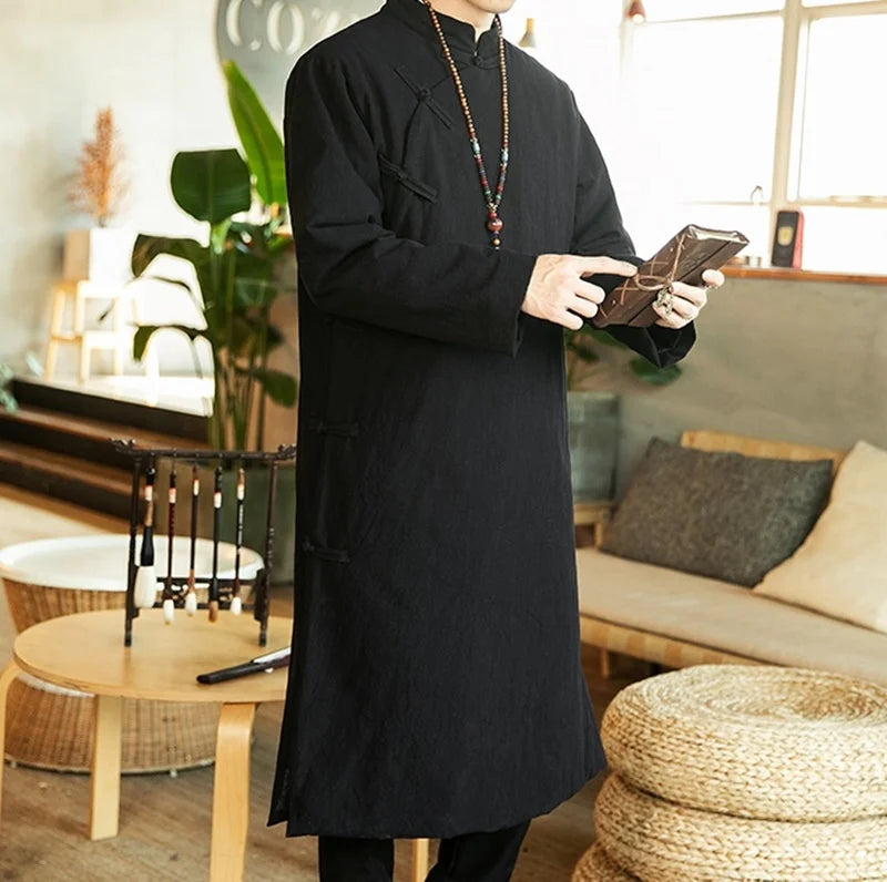 Manteau Long Style Chinois Bleu Homme - Hanfu Jacket Hiver Asymétrique