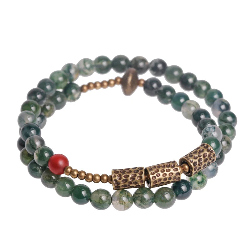 Bracelet Double Rang Jade Mousse et Laiton Martelé – Bohème Énergétique pour Femme