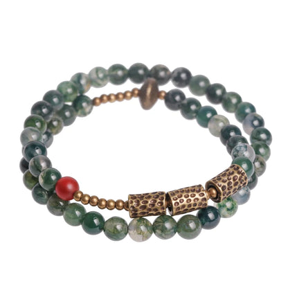 Bracelet Double Rang Jade Mousse et Laiton Martelé – Bohème Énergétique pour Femme