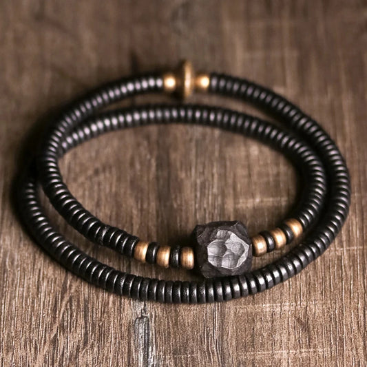 Bracelet Double Rang Ébène Sculptée et Cuivre Vieilli – Style Rock Unisexe