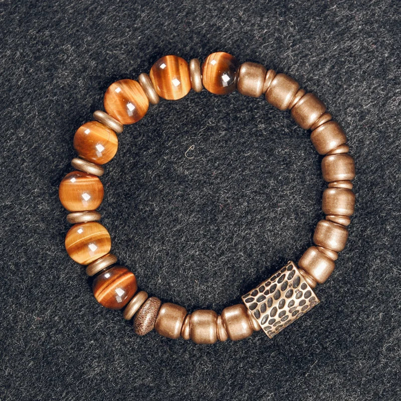 Bracelet Oeil de Tigre Doré et Breloque en Laiton Martelé – Bicolore, Homme et Femme