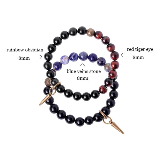Bracelet Oeil de Tigre Rouge et Obsidienne 8 mm avec Vajra en Cuivre