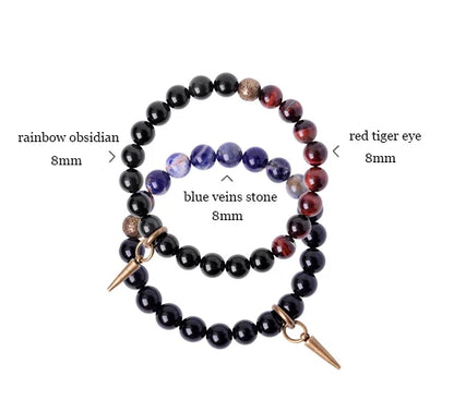 Bracelet Oeil de Tigre Rouge et Obsidienne 8 mm avec Vajra en Cuivre