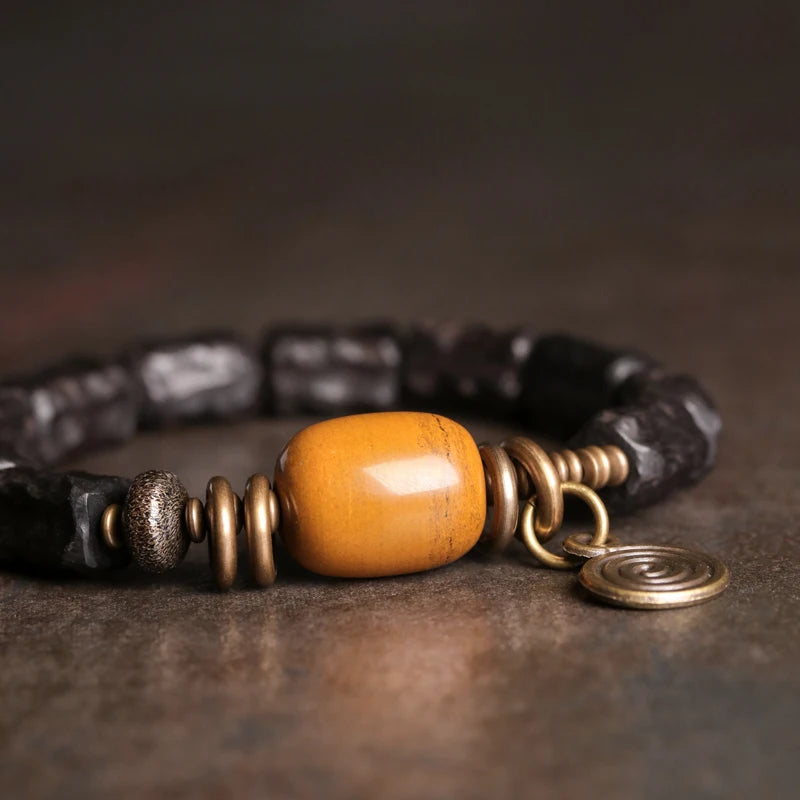 Bracelet Ébène Sculptée à la Main et Cuivre Vintage – Texturé, Anti-Mauvais Œil