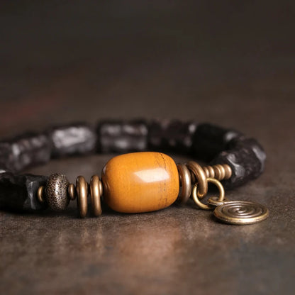 Bracelet Ébène Sculptée à la Main et Cuivre Vintage – Texturé, Anti-Mauvais Œil