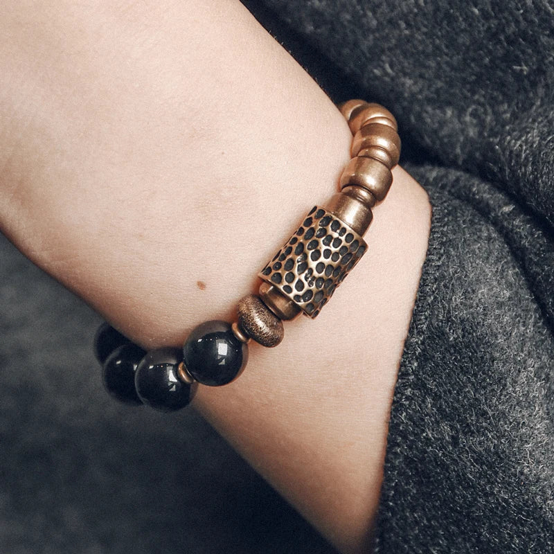 Bracelet Obsidienne Oeil Céleste et Laiton Martelé – Bicolore, Homme et Femme