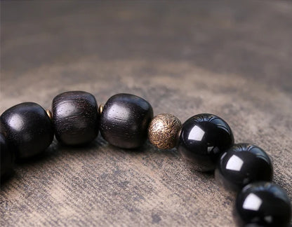 Bracelet Oeil de Tigre Doré ou Obsidienne Arc-en-Ciel – Perles de Bois et Métal Martelé