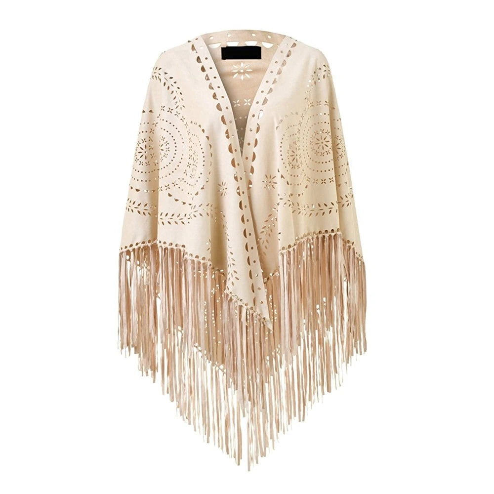 Poncho en Velours avec Franges - Élégance Bohème Chic