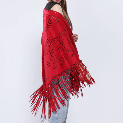 Poncho en Velours avec Franges - Élégance Bohème Chic