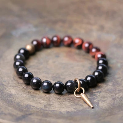 Bracelet Oeil de Tigre Rouge et Obsidienne 8 mm avec Vajra en Cuivre