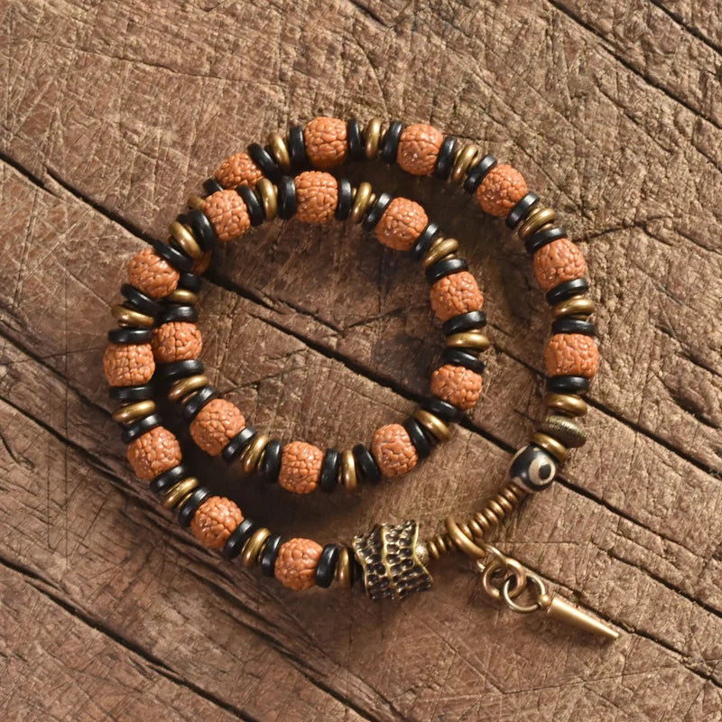 Bracelet Multirang Rudraksha, Ébène et Laiton – Porte-Bonheur Unisexe