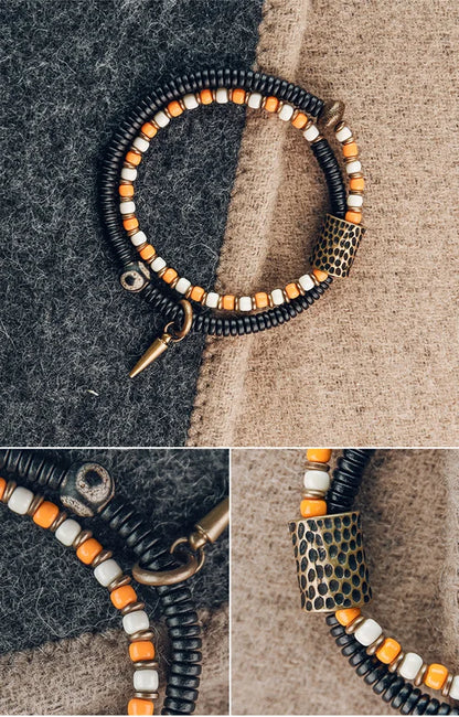Bracelet Zen Double Rang Ébène et Pierres Colorées – Vajra en Laiton Martelé