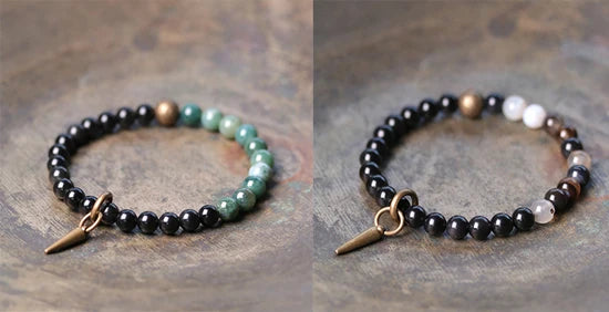 Bracelet Agate et Obsidienne Noire avec Vajra en Cuivre – 4 Pierres au Choix