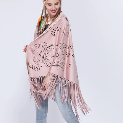 Poncho en Velours avec Franges - Élégance Bohème Chic