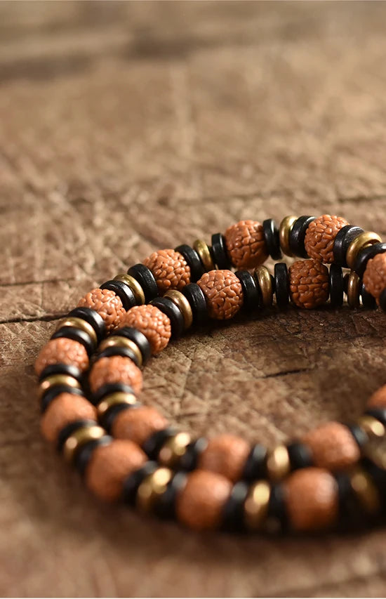 Bracelet Multirang Rudraksha, Ébène et Laiton – Porte-Bonheur Unisexe