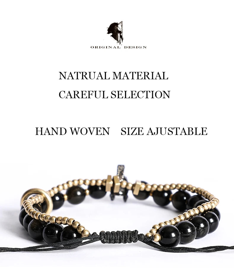 Bracelet Tressé Homme Obsidienne Dorée ou Goldstone Bleue – Style Viking Ajustable