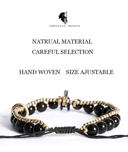Bracelet Tressé Homme Obsidienne Dorée ou Goldstone Bleue – Style Viking Ajustable